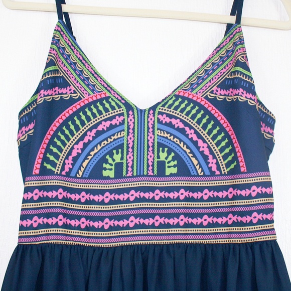 Tribal Print Navy Chiffon Fit & Flare Dress NWOT - Picture 4 of 8